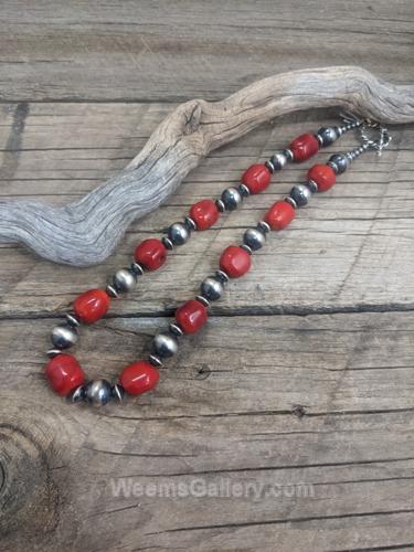 Necklace: red coral, 10mm Navajo pearls by Myra Gadson